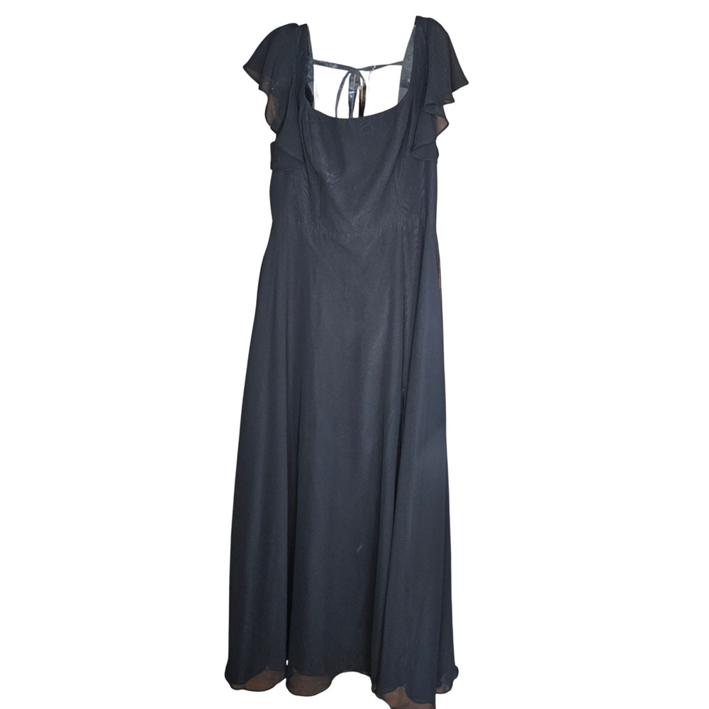 Azazie Maxi Dress Womens 12 Black Flutter Sleeve Tie Back Square Neck Excellent